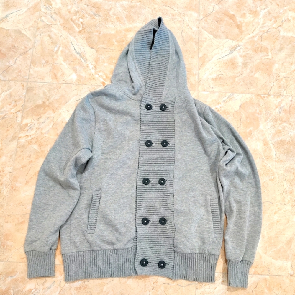 Grey Hooded Button Up Cardigan Light Jacket